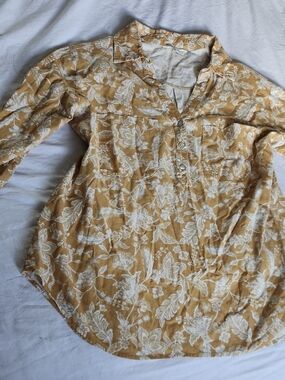 Women’s Linen Mustard Yellow Floral Button-Front Shirt